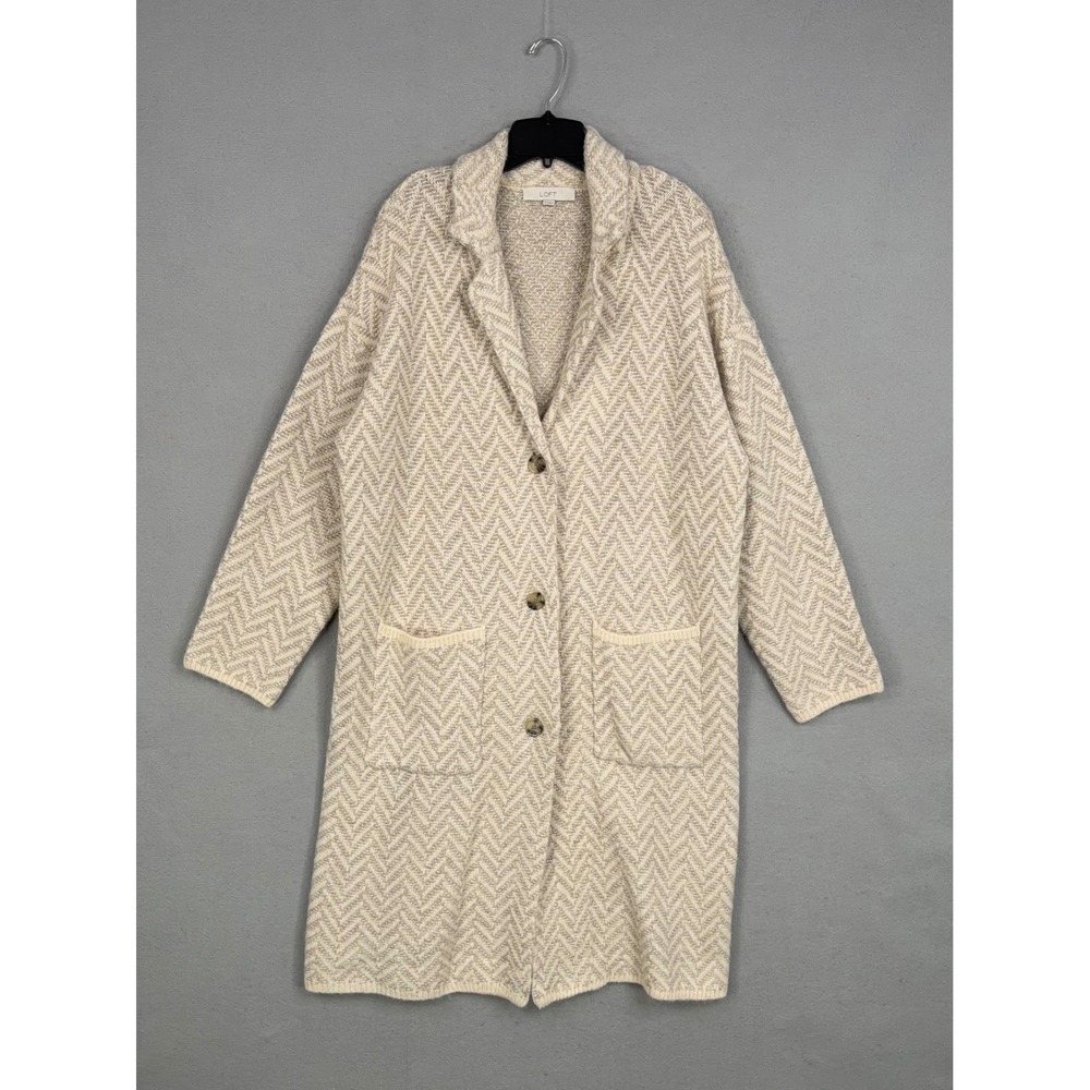 LOFT Cardigan Womens XL Cream Tan Chevron Longline Button Front Coatigan Sweater
